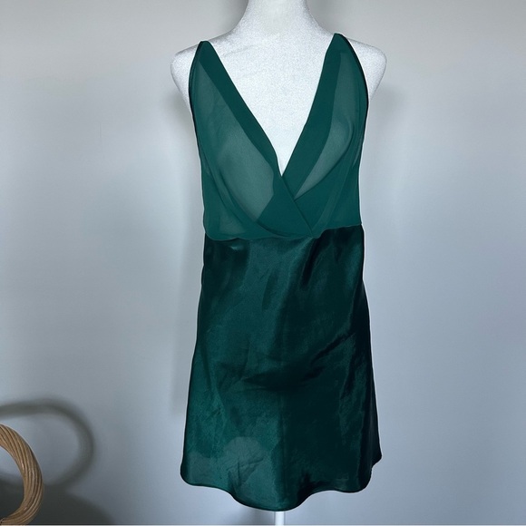 Green Satin Mesh Slip Dress Deep V Mini Y2K Holiday Party Cocktail Dress L - Picture 4 of 4